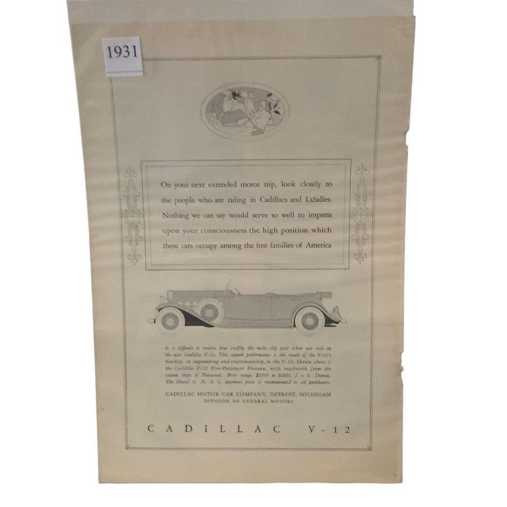 Vintage 1931 Cadillac V-12 Cadillac Motor Car Company Ad Advertisement